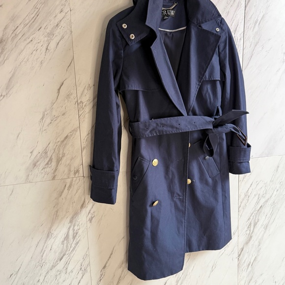 J. Crew Navy Icon Double-Breasted Belted Hooded Cotton Petite Trench Coat SZ 2P - Picture 5 of 13